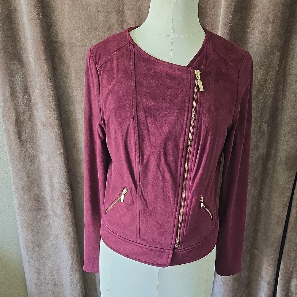 Thalia Sodi Burgundy‎ Faux Suede Asymmetric Moto Jacket Gold Zip Womens Medium